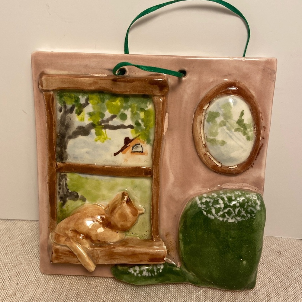 Vintage CAT figurine art ceramic WALL HANGING artist signed B Smedlund 3D design